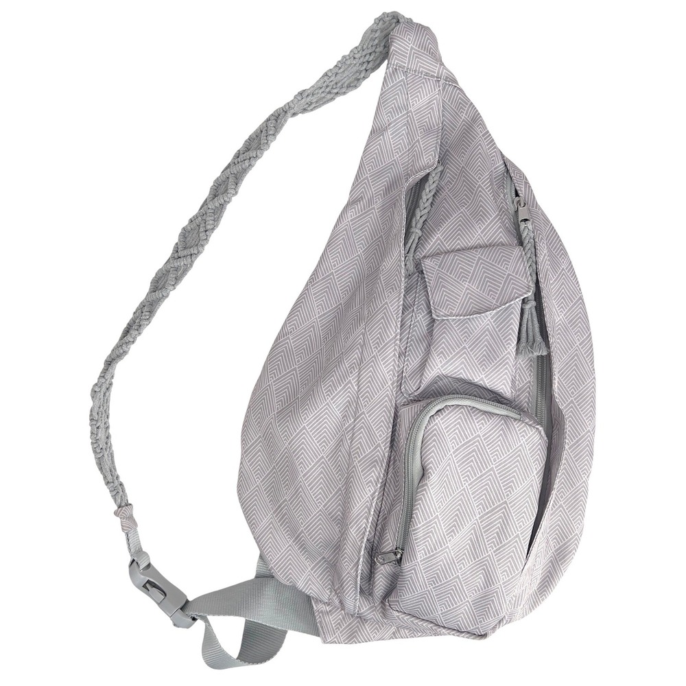 LL Bean‎ Ameribag Healthy Back Sling Bag Macrame Strap Grey Lavender Nylon Boho